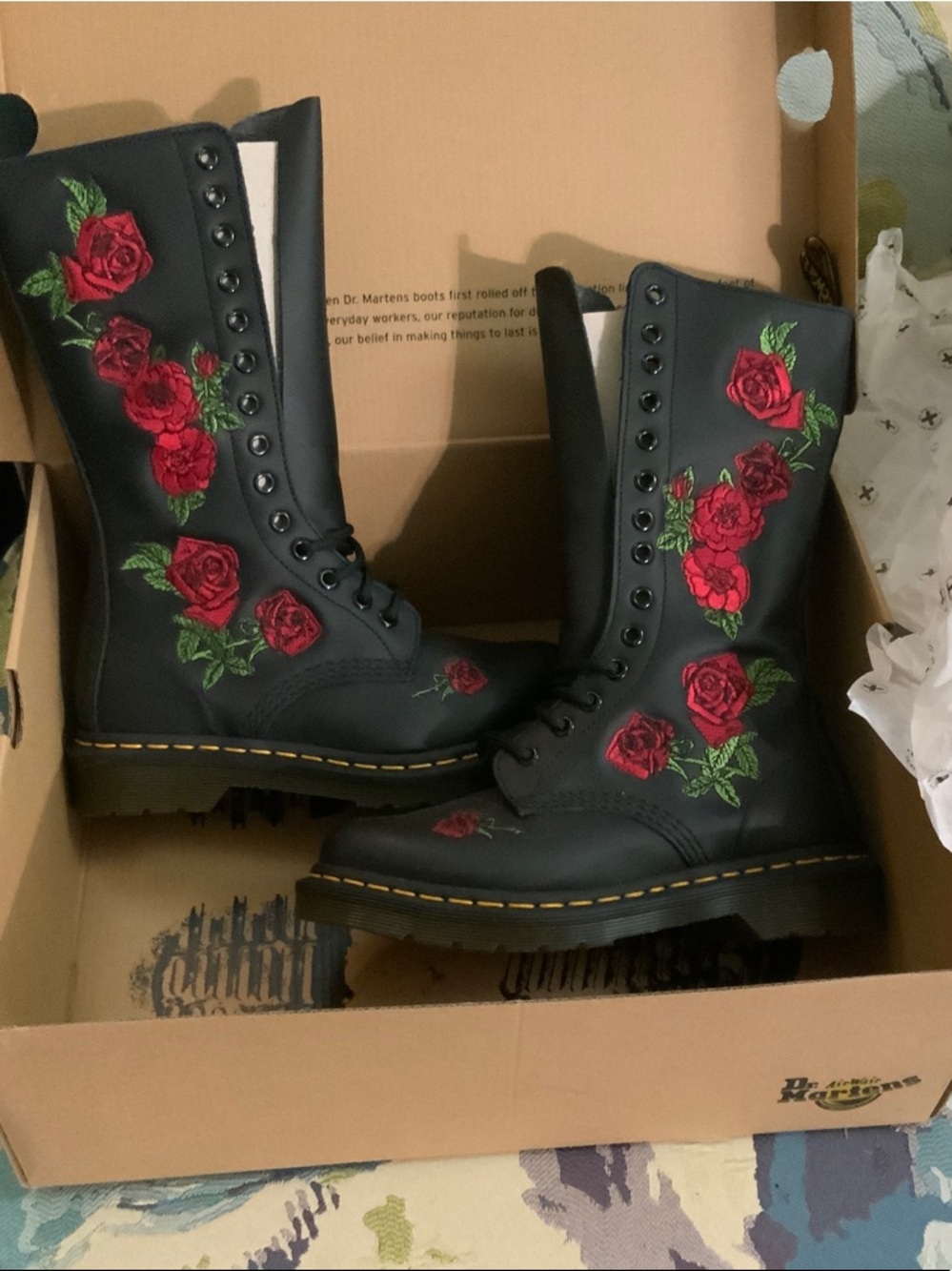 Dr. Martens Black Leather Vonda Boots with Red Rose Embroidery